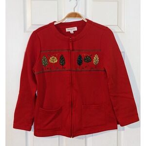 Breckenridge Petite Red Embroidered Tree Cardigan‎ Jacket Women Petite M